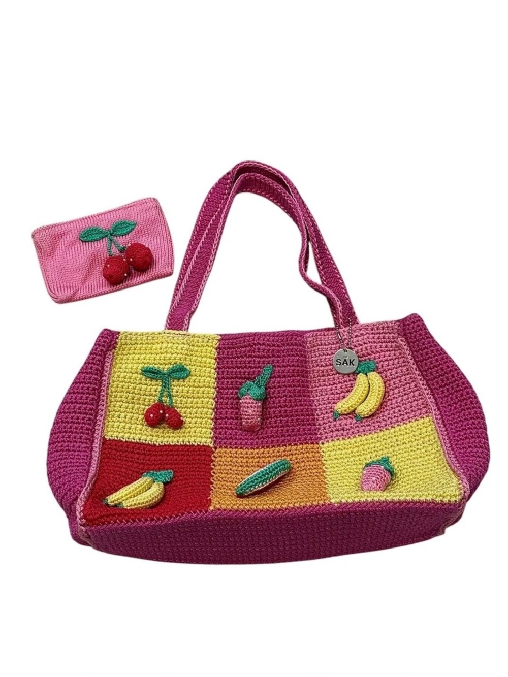 The Sak Pink Crochet Patchwork Fruit Tote with Wallet